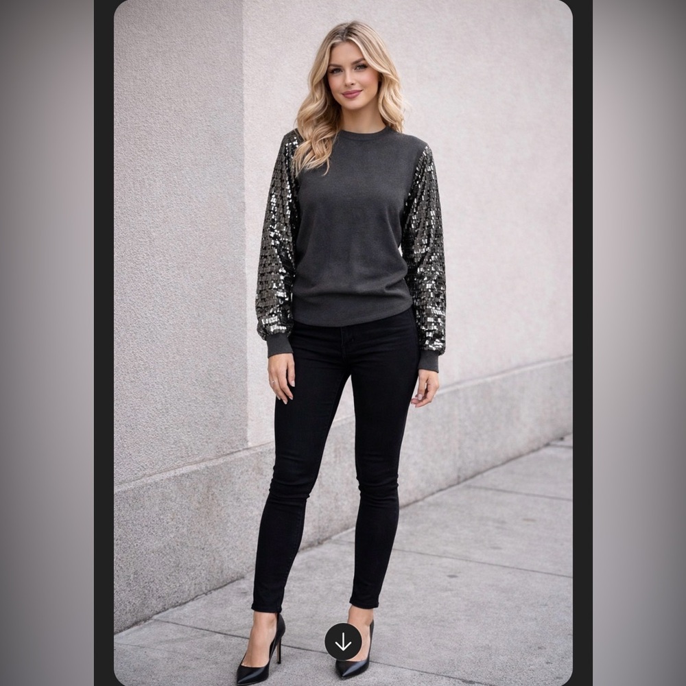 Sioni Women’s Grey Sage Sequin Sleeve Sweater Chic Party Top Size M New
